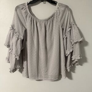 Sam and Jess Gray‎ Ruffled Sleeve Peasant Off-Shoulder Chiffon Dot Top L
